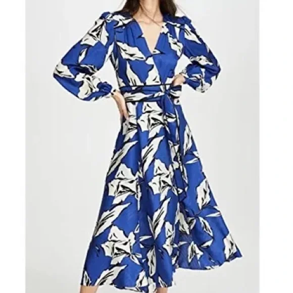 Veronica Beard Mclean Floral Silk Long Sleeve Maxi Dress with Slit Size 2 💙🖤🤍 - Picture 2 of 16